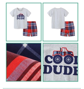 Détails de l'ensemble d'été en coton pour garçon avec t-shirt gris et texture du short