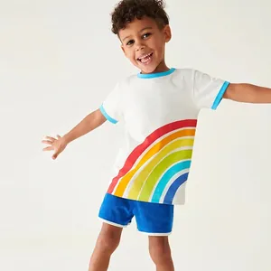 T-Shirt à Manches Courtes 100% Coton pour Garçons Imprimé Arc-en-Ciel Bordure Contrastée Col Rond Décontracté Respirant Enfant