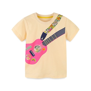 Girls' cotton guitar print T-shirt with Peace graphic and bohemian floral details