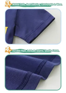 Detail of double-stitched reinforced cuffs and hem on boys cotton navy blue T-shirt