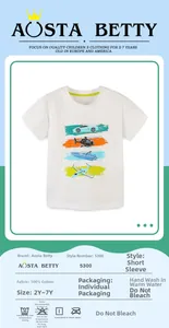 Size chart for 100% cotton kids t-shirt with colorful vehicle pop art prints