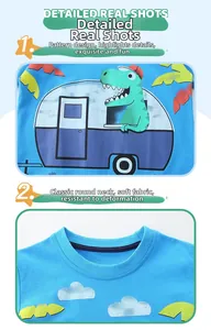 Détail du col rond et imprimé dinosaure sur le t-shirt bleu ciel en coton pour garçon