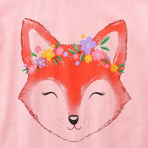 Pink cotton girls' t-shirt with a cute fox print wearing a colorful floral wreath