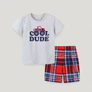 Ensemble Assorti pour Garçons T-Shirt en Coton à Manches Courtes et Short à Carreaux Été Bambin Tracteur Cool Dude