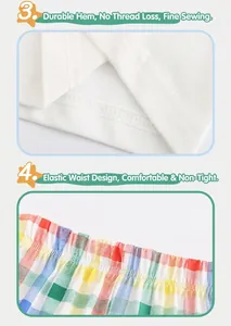 Detail of reinforced hem stitching and elastic checkered waistband on kids cotton set