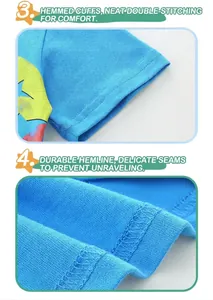 Détails de l'ourlet renforcé et des manches à double couture sur le t-shirt bleu garçon