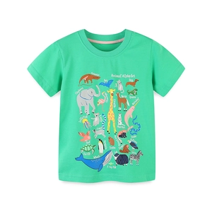 Kinder T-Shirt aus grüner Baumwolle mit Tier-Alphabet-Aufdruck und Rundhalsausschnitt