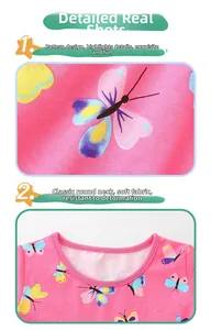Close-up of pink butterfly print dress showing round neckline and soft fabric texture