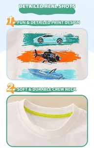 Detail of soft white cotton boy T-shirt with high-quality cartoon vehicle print and round neck