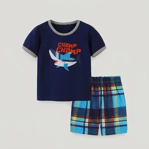 Ragazzi T-Shirt a Maniche Corte con Ricamo Squalo e Pantaloncini a Quadri Completo Estivo in Cotone Traspirante