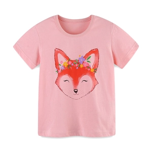 Pink short-sleeve cotton T-shirt for girls with a cute floral fox print on white background
