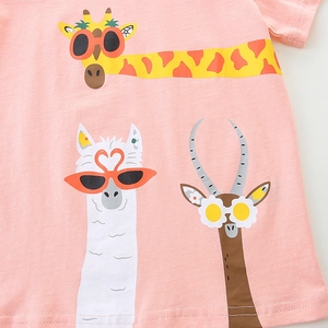Pink cotton girls T-shirt with cute cartoon animals wearing sunglasses for summer 2025
