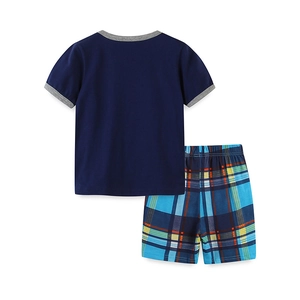 Pigiama corto per bambini in cotone blu navy con maglietta e pantaloncini a quadri