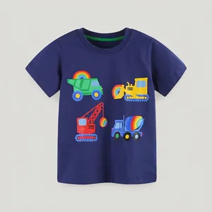 Boys Short Sleeve T-Shirt Soft Cotton Construction Vehicle Print Cartoon Rainbow Round Neck Summer Casual Top For Kids