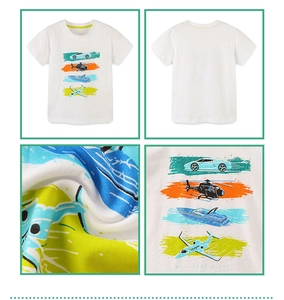 Detail of breathable white cotton T-shirt featuring colorful air, land, and sea prints
