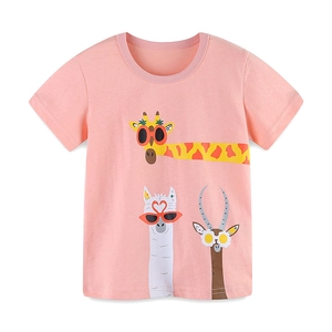 Pink cotton girls T-shirt featuring funny cartoon animals with sunglasses print