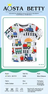 Größentabelle und Baumwoll-Details für Jungen T-Shirt mit buntem Cartoon-Zugaufdruck