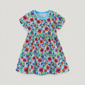 Vestito Estivo a Fiori per Bambina in Cotone a Maniche Corte Abito da Principessa per Festa Bambini Blu Chiaro