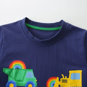 Boys navy blue cotton T-shirt featuring cartoon construction truck and rainbow print