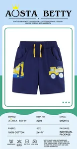 Detail of navy blue cotton shorts featuring yellow drawstring and truck embroidery