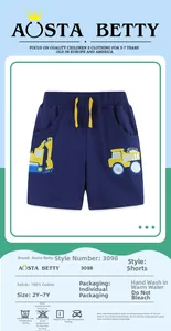 Detail of navy blue cotton shorts featuring yellow drawstring and truck embroidery