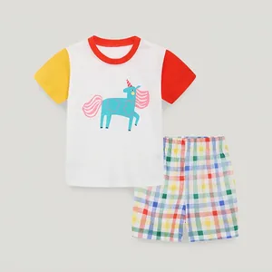 Girls Summer Cotton Outfit Set Short Sleeve Unicorn Printed T-Shirt And Rainbow Plaid Shorts Kids Two Piece Clothing Set