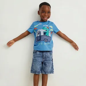 T-Shirt en Coton à Manches Courtes pour Garçons Dinosaure Camping-Car Imprimé Top Décontracté Été Col Rond