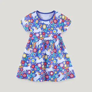 Vestido de Manga Corta de Algodón de Verano para Niñas Falda de Línea A de Princesa Con Estampado Floral de Unicornio