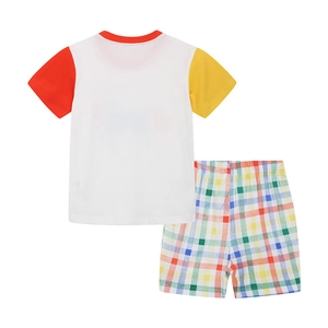 Kids colorful short sleeve T-shirt and plaid shorts set with vibrant patchwork design