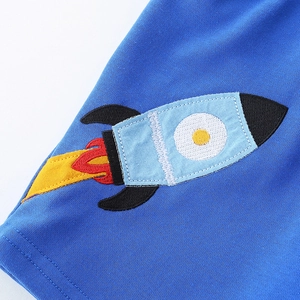 Blue knit boys' shorts featuring a detailed cartoon rocket embroidery with high quality stitching
