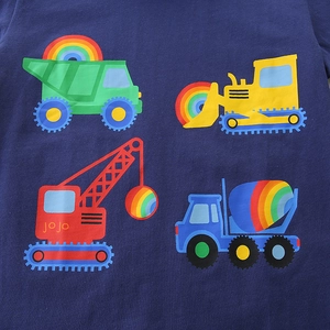 Boys navy blue cotton T-shirt featuring colorful cartoon construction truck graphics