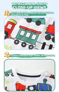 Detailansicht eines weißen Baumwoll-T-Shirts für Jungen mit Cartoon-Zug-Druck und Rundhals