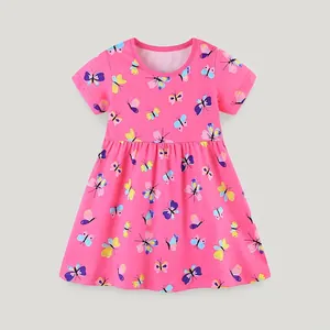 Toddler Girls Summer Short Sleeve Princess Dress Pink Butterfly Print Round Neck Cotton A-Line Tutu Dress For Kids