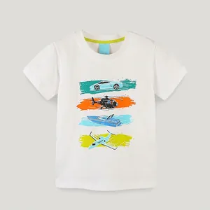 Boys Cotton Short Sleeve T-Shirt Cute Air Land Sea Vehicle Print Round Neck Casual Summer White Top For Toddler Kids
