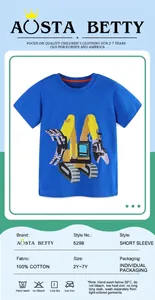 Détail du tissu 100% coton et de l'imprimé excavatrice jaune sur le t-shirt bleu enfant