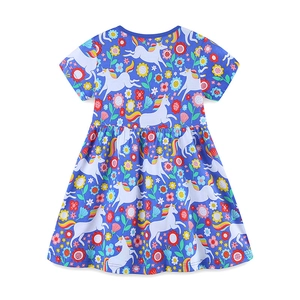 Vestido de princesa para niña en azul real con estampado de unicornios y flores