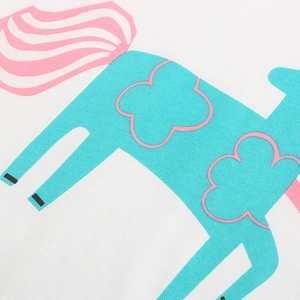 Girl's summer outfit with blue horse print on premium white cotton t-shirt fabric