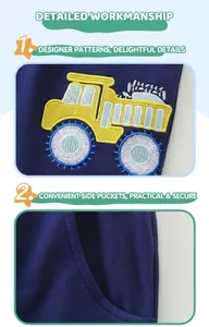 Close-up of boys' cotton knit pants with excavator embroidery and side pocket
