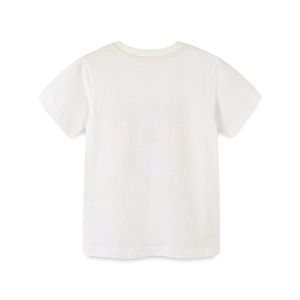 Minimalist white cotton boys t-shirt with crew neck shown from the back view