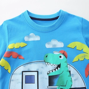 T-shirt en coton bleu ciel pour garçons avec imprimé dinosaure camping-car et col rond