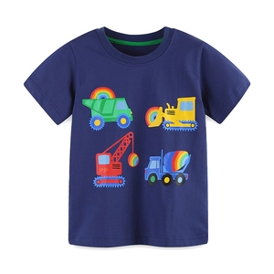 Dark blue boys short sleeve cotton t-shirt with rainbow construction vehicle embroidery