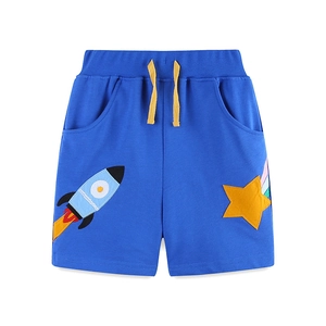 Kids blue cotton knit shorts featuring cartoon rocket embroidery and yellow drawstring