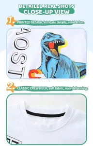 Detail showing the classic round neck with black trim and blue dinosaur print on white cotton tee