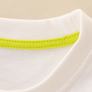 Short sleeve white cotton t-shirt with neon yellow neckline stripe and ribbed crew neck