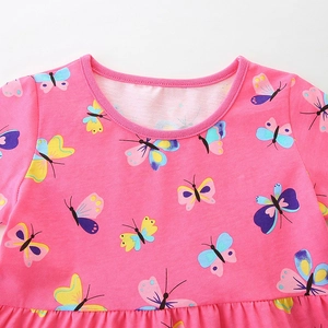 Pink cotton girls' summer dress featuring colorful butterfly print and a round neckline
