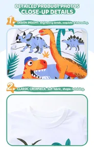 Detail of white cotton boy t-shirt showing round neck and colorful cartoon dinosaur print