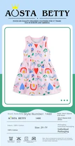 Detailed size chart and 100% cotton material specs for pink cartoon sleeveless dress