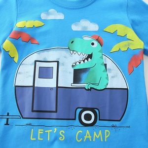 T-shirt bleu en coton pour garçons avec motif dinosaure dessin animé et camping-car