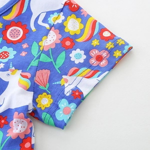 Vestido de algodón para niñas con estampados de unicornio azul y arcoíris