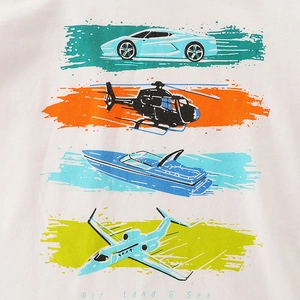 Boys white cotton t-shirt with colorful Air Land Sea vehicle prints and crew neck